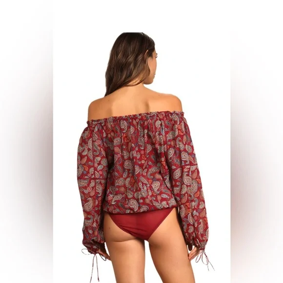 Free People Red Paisley Sundown Off the Shoulder Bodysuit - Picture 4 of 8